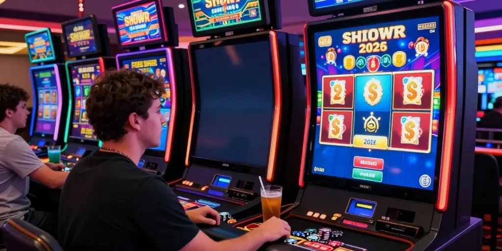 Scène de jeu dans un casino sans dépôt, joueur enthousiaste devant des machines à sous, lumière colorée et ambiance conviviale.