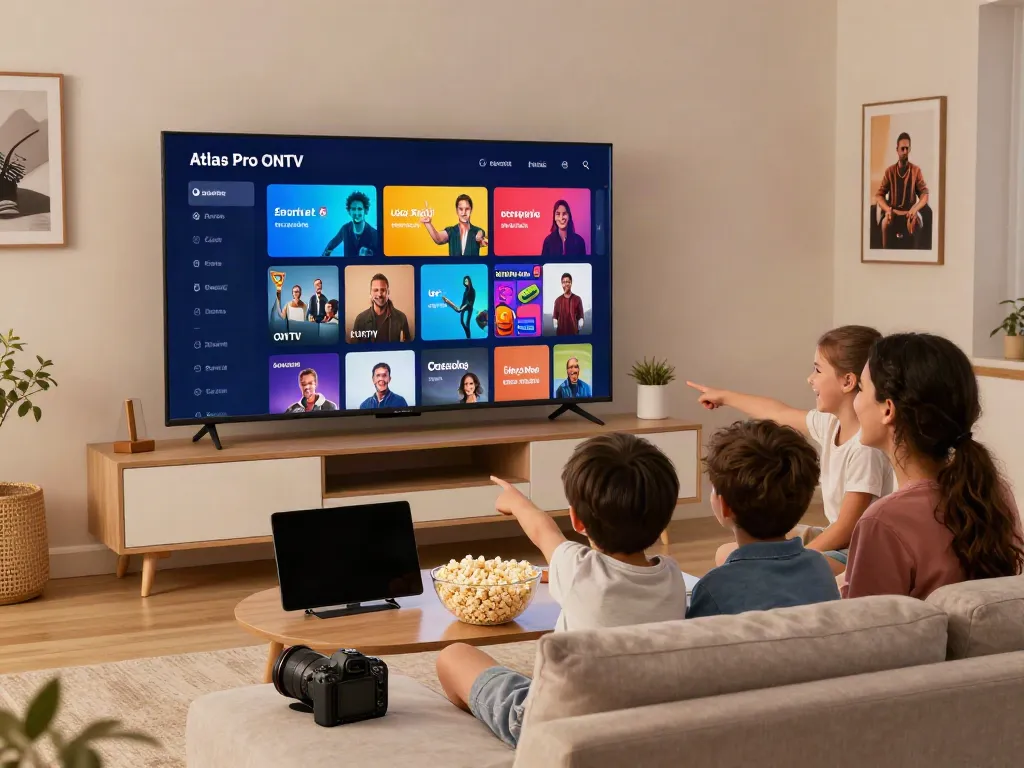 La famille s'amusant à regarder Atlas Pro ONTV sur un grand téléviseur dans un salon chaleureux.