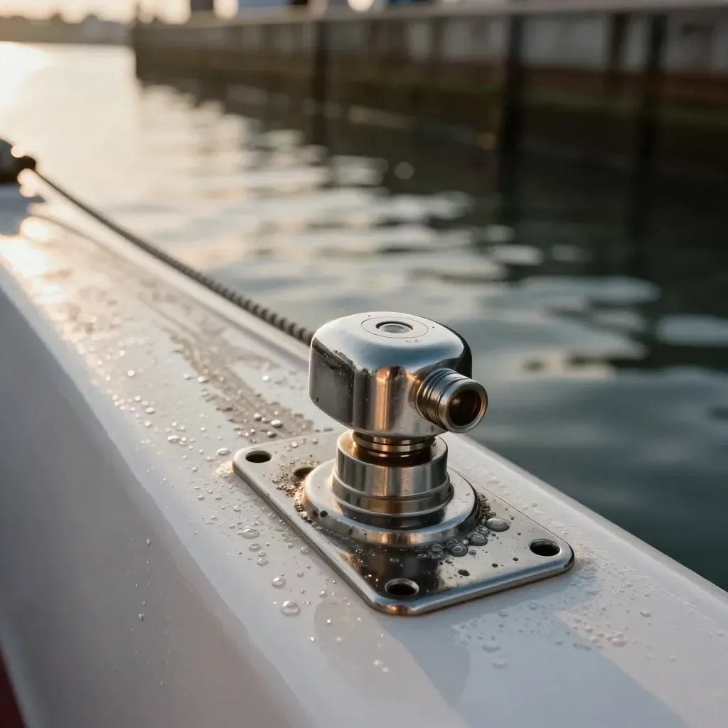Sondeur de profondeur sur la coque, au ras de l’eau, avec écume et lumière dorée.