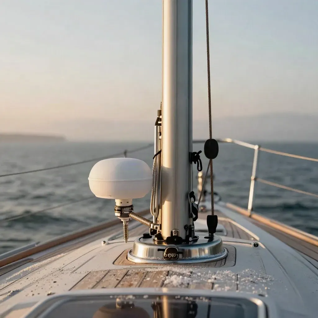 Antenne AIS/VHF sur le mât d’un voilier, câble propre et pont arrière baigné de lumière marine.