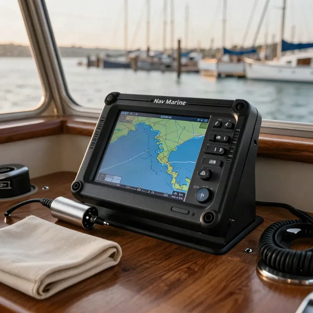 Traceur GPS marin encastré, allumé au quai, sur console noire avec couvre-câble en toile.