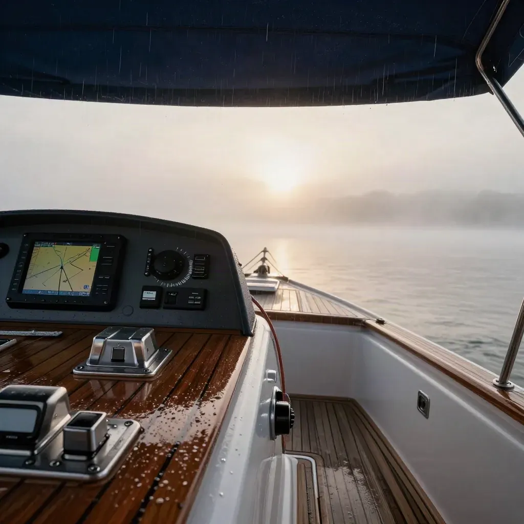 Cockpit de voilier au petit matin, console teck avec traceur, sondeur, pilote auto et AIS dans la brume.