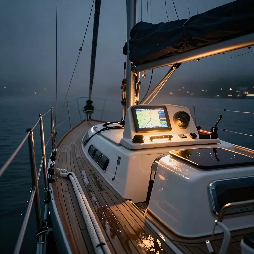 Voilier de croisière au mouillage, console éclairée, pont humide et brume sous la lumière du ponton.