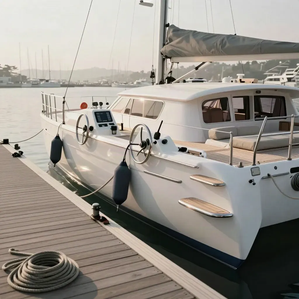 Catamaran de charter prêt au départ, double barre, VHF et pilote auto en ordre sur le quai.