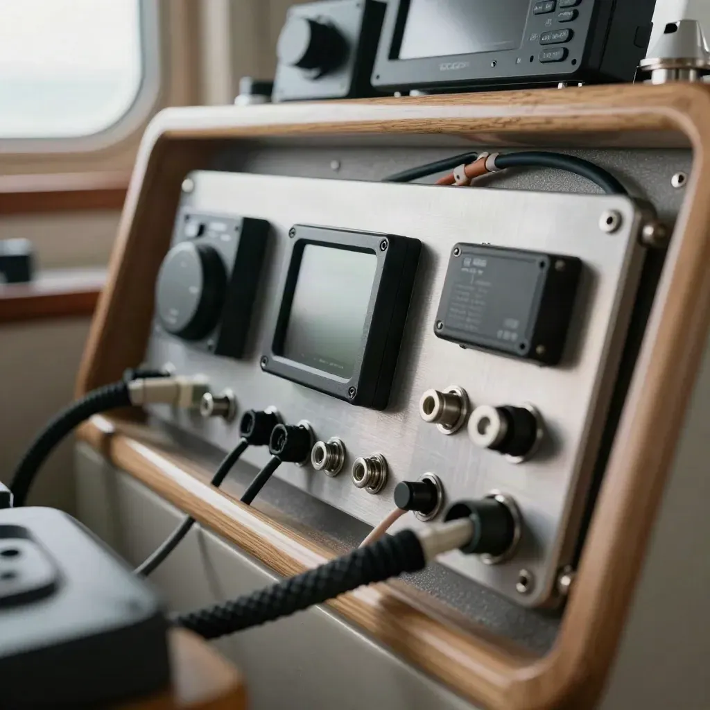 Tableau marin ouvert, câbles rangés et modules électroniques alignés dans une cabine.