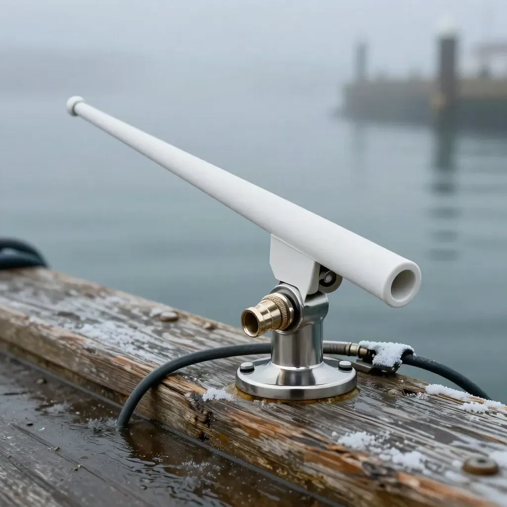 Antenne AIS neuve sur ponton breton, brume froide et base inox en gros plan.