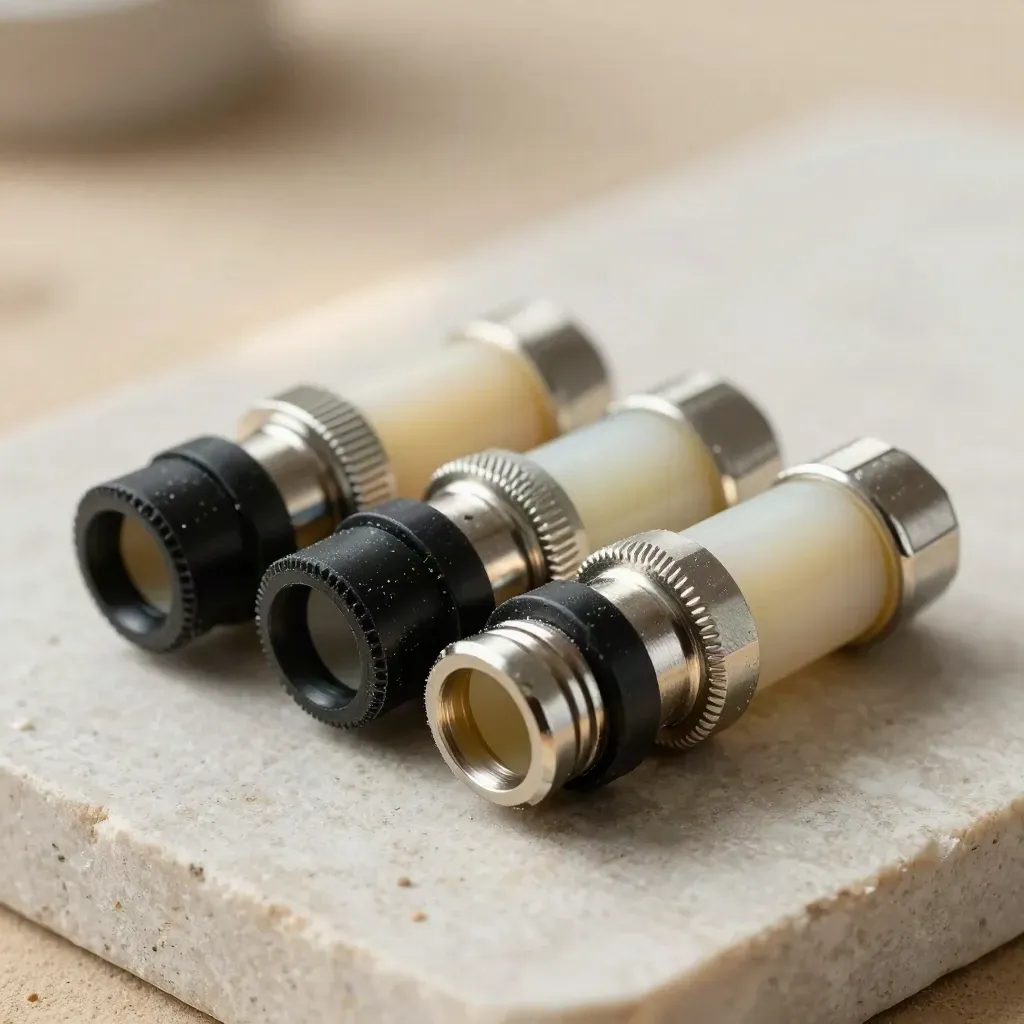 Connecteurs marins étanches, gaine thermo et ferrule inox sur pierre claire.