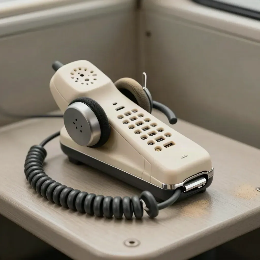Base VHF marine, headset et câble spiralé sur bois clair, en lumière dramatique.