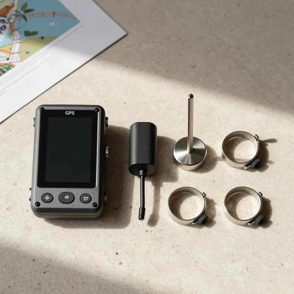Vue de dessus d’un module GPS, sonde et antenne AIS miniatures sur pierre claire.