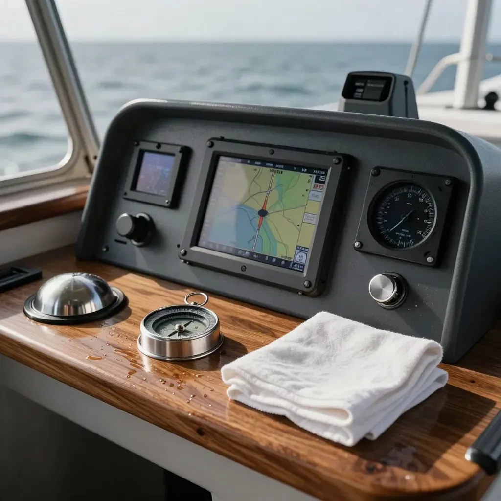 Console marine terminée avec traceur, sondeur, pilote et compas sur bois verni