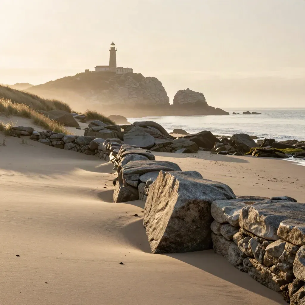 Pointe rocheuse bretonne au soleil bas, phare lointain, dunes, mer calme et murets de granit