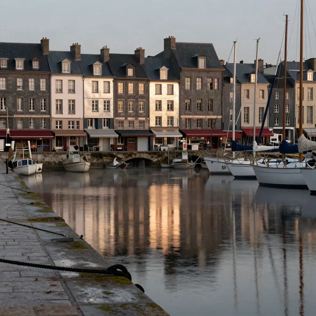 Bassin de Honfleur au crépuscule, façades d’ardoise et mâts serrés dans la brume.