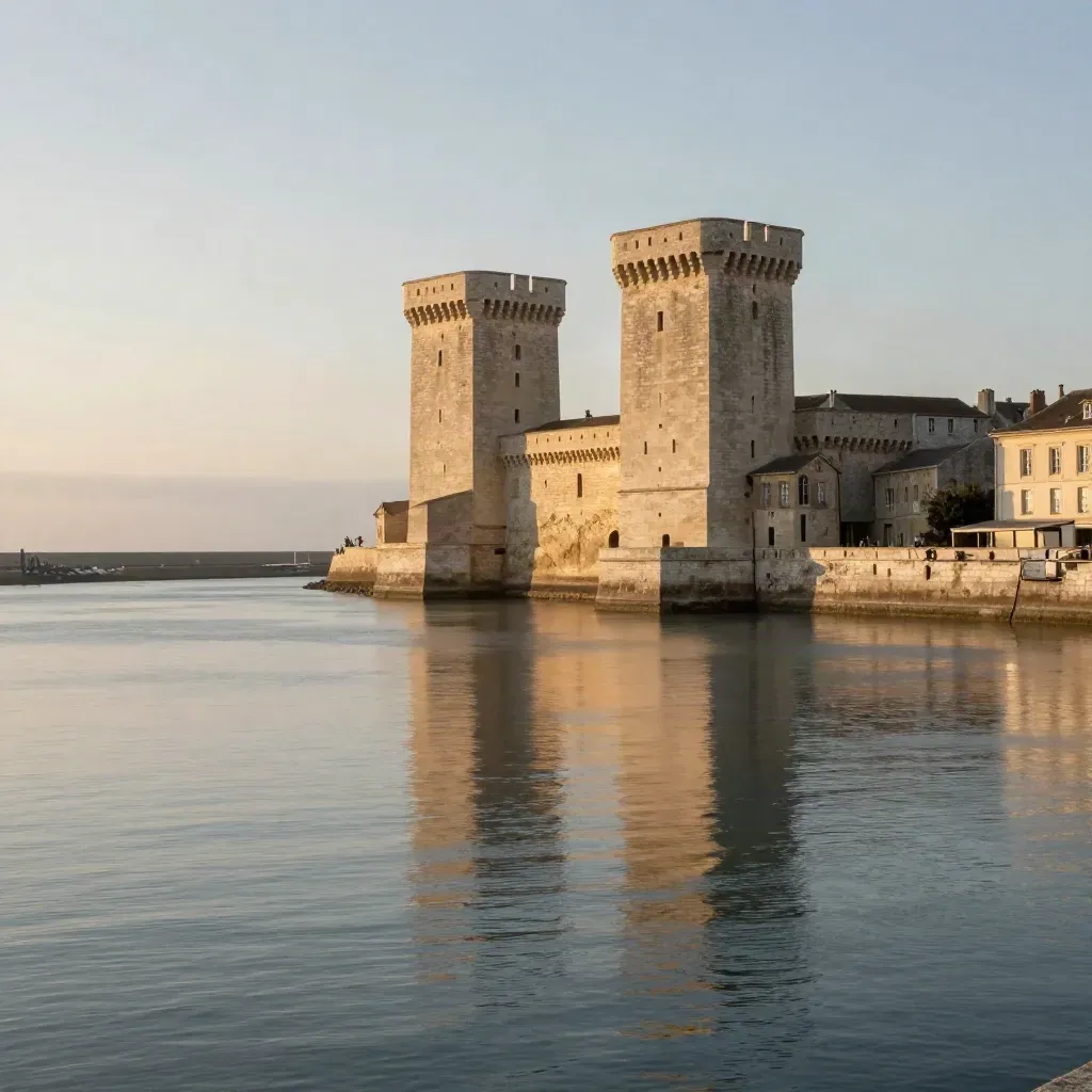Tours de La Rochelle au soleil couchant, port calme et brume atlantique.