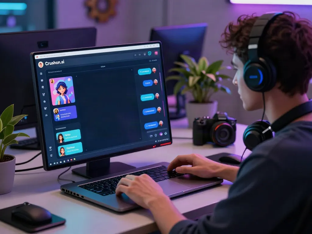 Engaging user interacting with crushon.ai on a high-tech workstation showcasing AI character chat features.